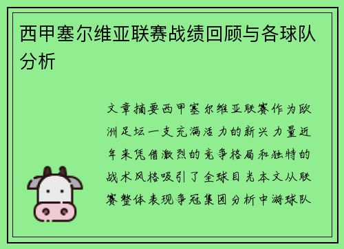 西甲塞尔维亚联赛战绩回顾与各球队分析
