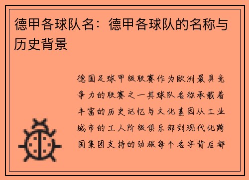 德甲各球队名：德甲各球队的名称与历史背景